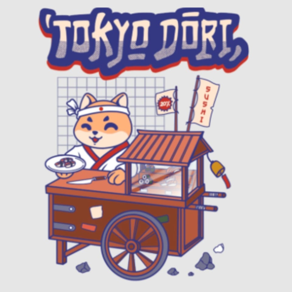 Cartoon Shiba Inu chef serving sushi from a street food cart under the 'Tokyo Dori' logo.